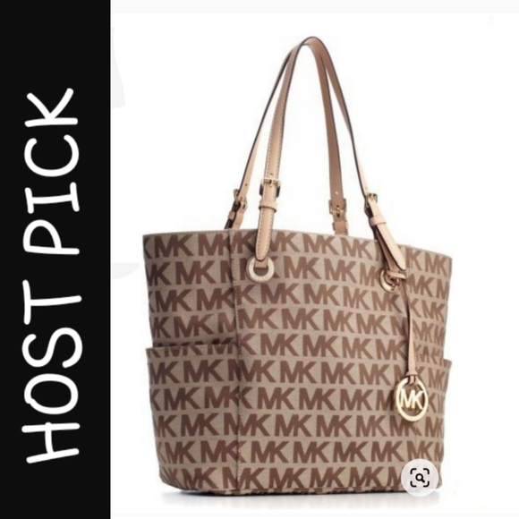 AUTHENTIC MICHAEL KORS Monogram Signature Leather Trim Canvas Tote Bag LIKE NEW - Picture 1 of 16